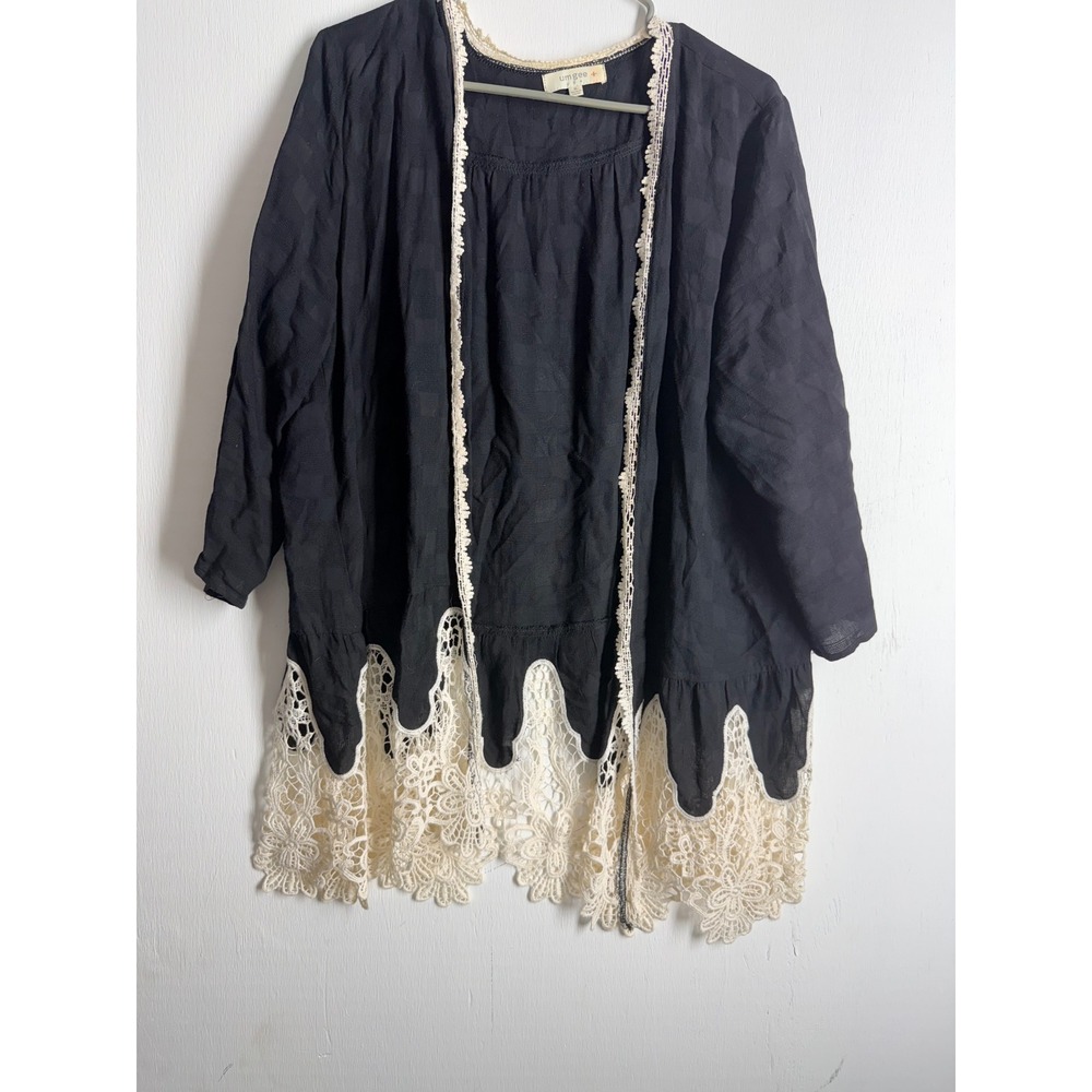 Umgee USA Black Lace Crochet Trim Kimono Cardigan Boho XL Open Front Top